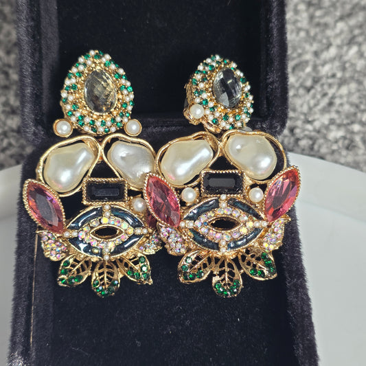 Elara Mixed Stone Statement Earrings (Black, Pink, Green) image 2