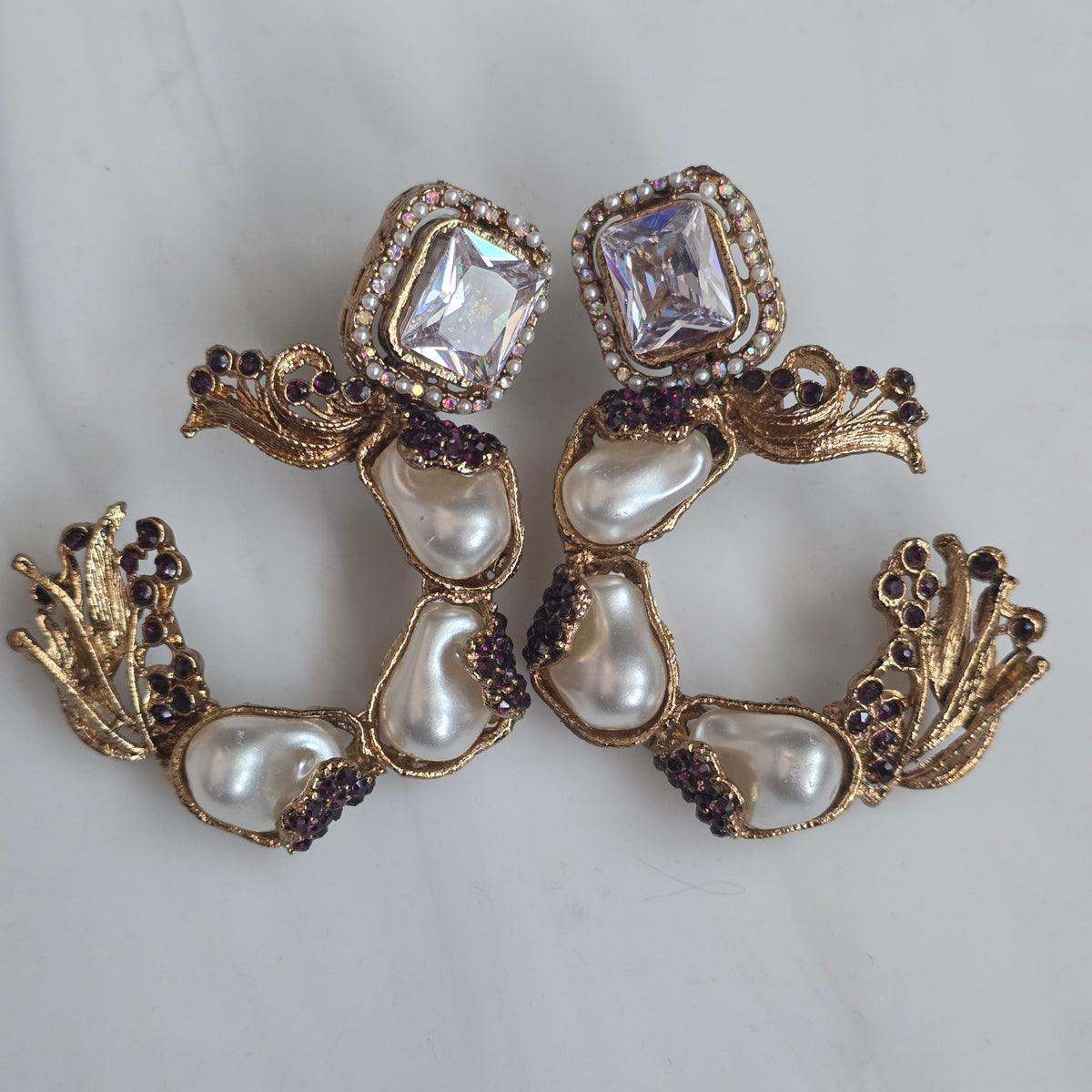 Elara White and Plum C-Hoop Statement Earrings