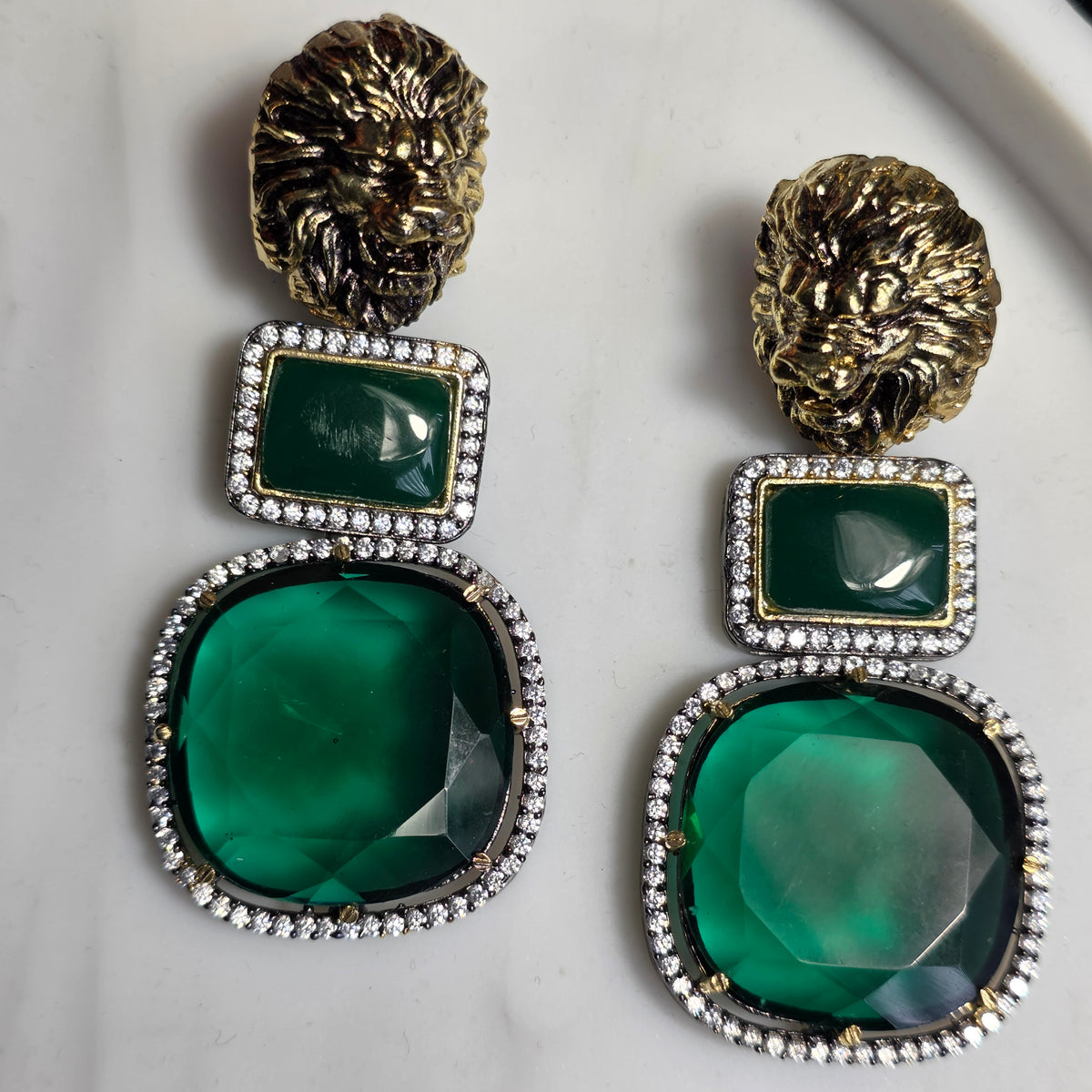 Elyzae Lion Emerald Green Stone Earrings