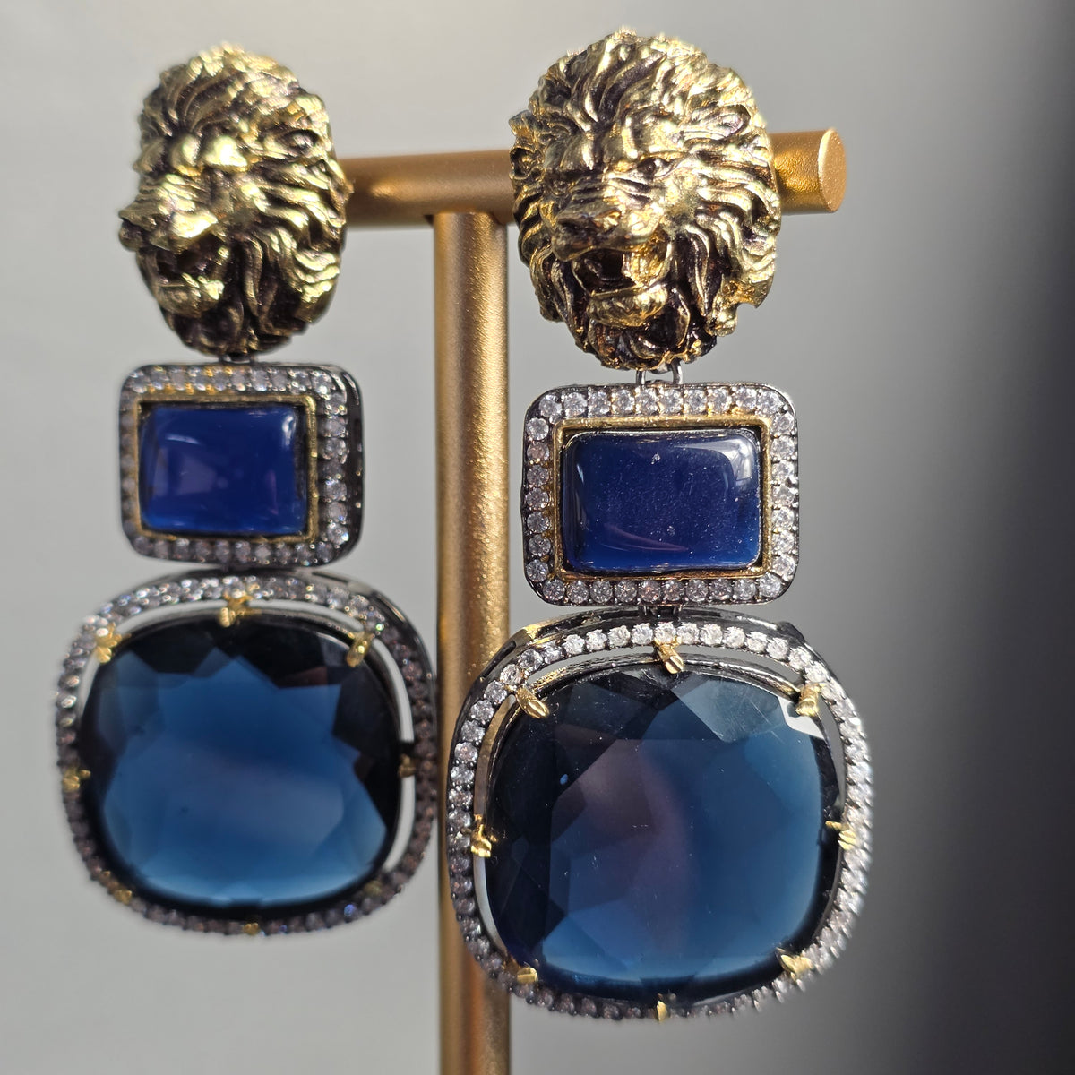 Elyzae Lion Navy Blue Stone Statement Earrings