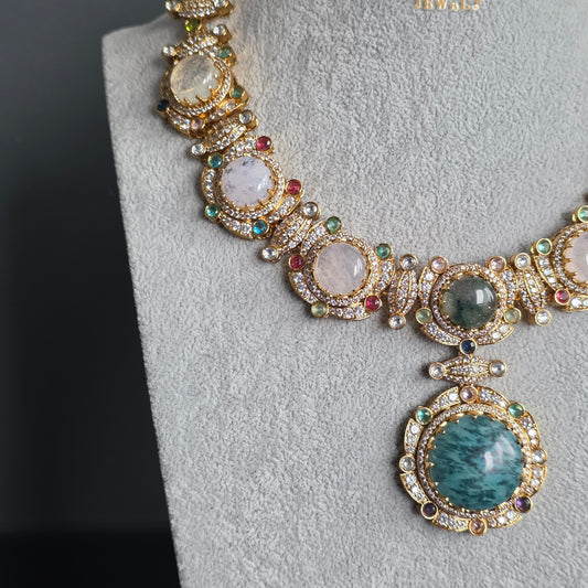 Elyzae Sabyasachi Mint & Opal Pink Stone Necklace Set image 2