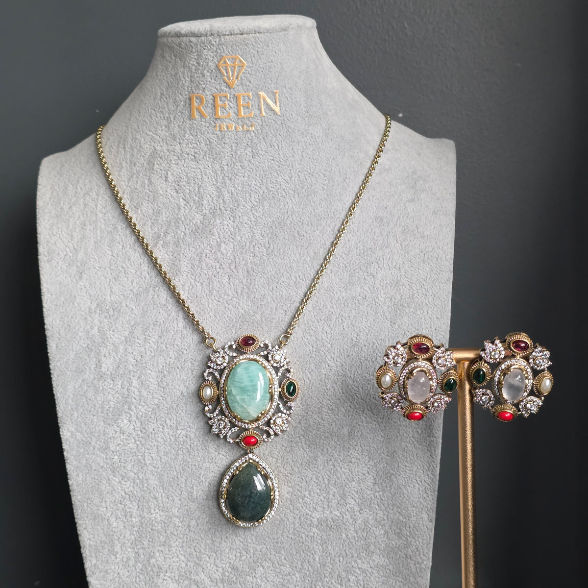 Elyzae Sabyasachi Turquoise & Forest Green Stone Chain Mala set