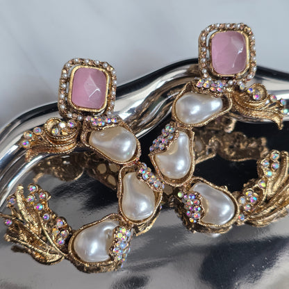 Elara Baby Pink & Pearl C- Hoop Statement Earrings