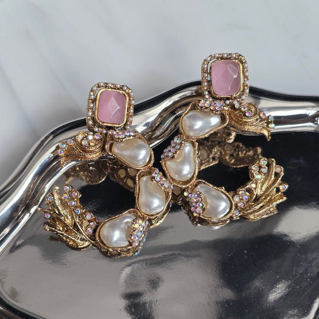 Elara Baby Pink & Pearl C- Hoop Statement Earrings