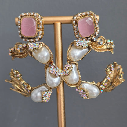 Elara Baby Pink & Pearl C- Hoop Statement Earrings