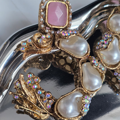Elara Baby Pink & Pearl C- Hoop Statement Earrings