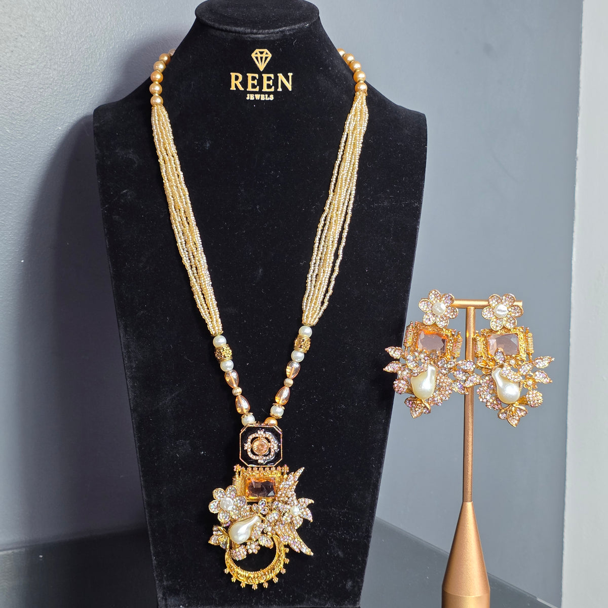 Elara Champagne Motif Stone Mala Set