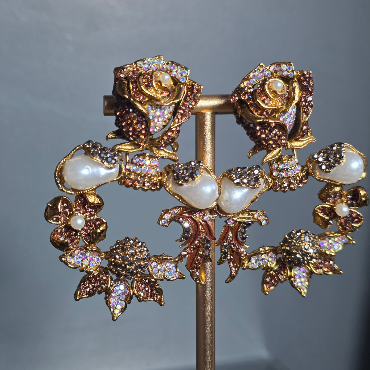 Elara Champagne & Pearl Rose Statement Earrings