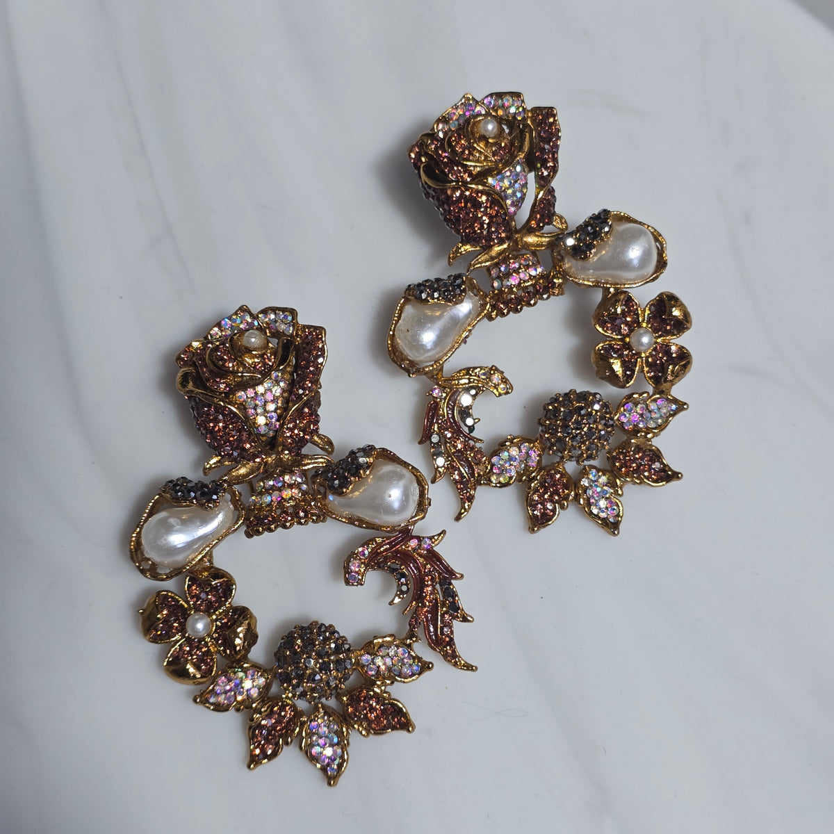 Elara Champagne & Pearl Rose Statement Earrings