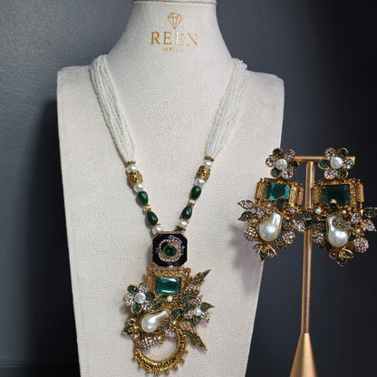 Elara Emerald Green Motif Stone Mala Set