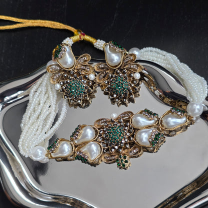Elara Emerald Green Pearl Choker Set
