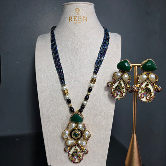 Elara Emerald Green & Cream Mala Set image 2