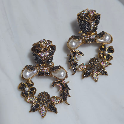 Elara Grey & Pearl Rose Statement Earrings