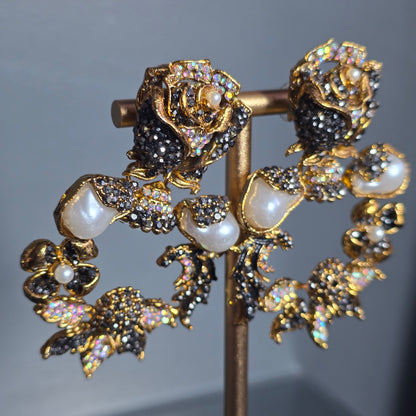 Elara Grey & Pearl Rose Statement Earrings