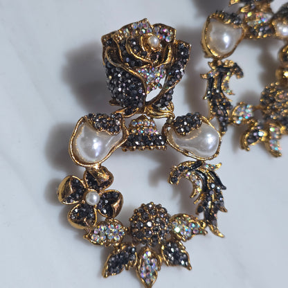Elara Grey & Pearl Rose Statement Earrings