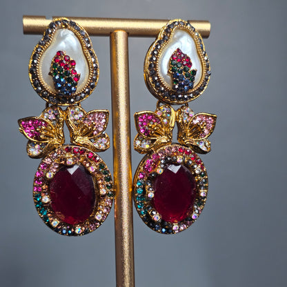 Elara Maroon & Pearl Statement Earrings