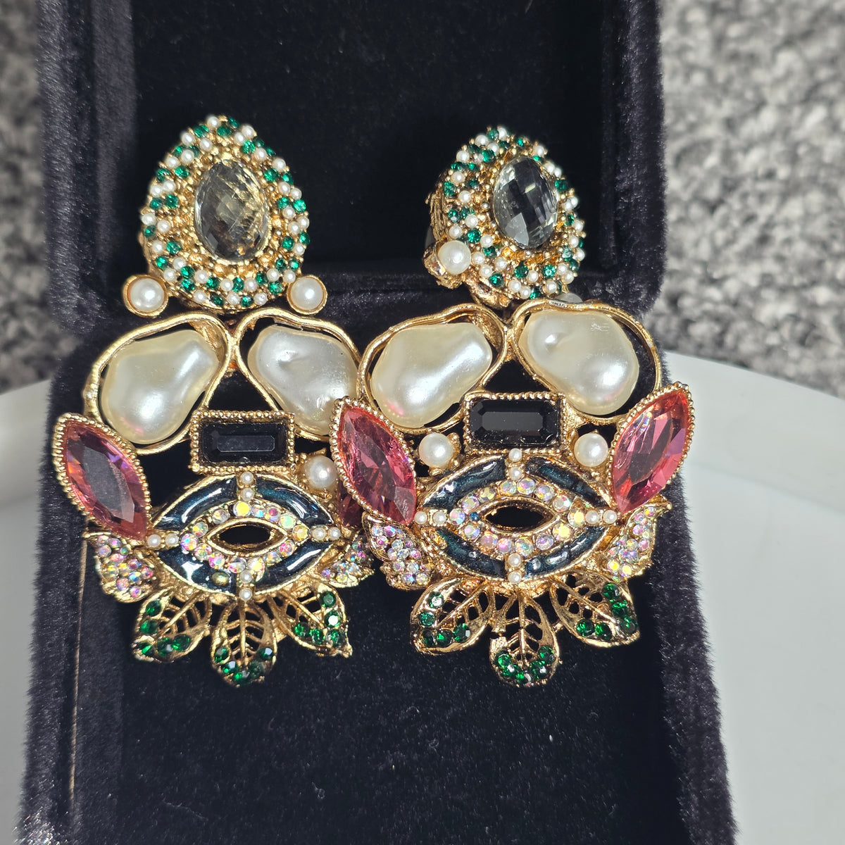 Elara Mixed Stone Statement Earrings (Black, Pink, Green)