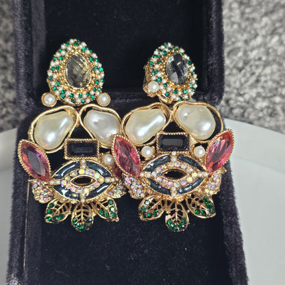 Elara Mixed Stone Statement Earrings (Black, Pink, Green)