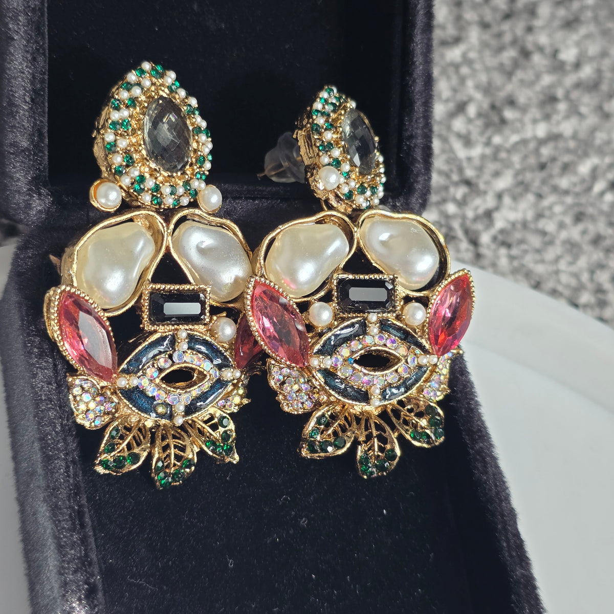 Elara Mixed Stone Statement Earrings (Black, Pink, Green)