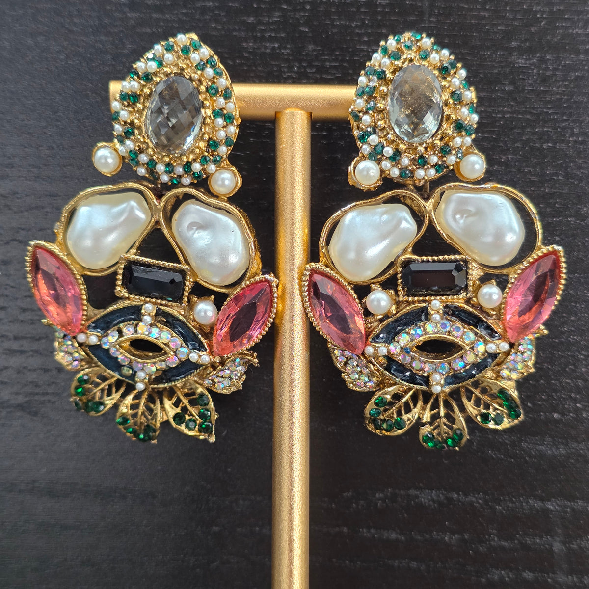 Elara Mixed Stone Statement Earrings (Black, Pink, Green)