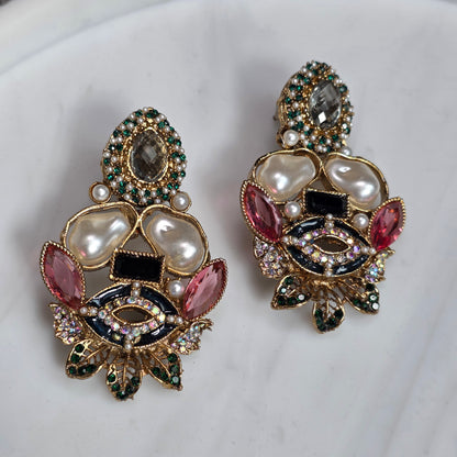 Elara Mixed Stone Statement Earrings (Black, Pink, Green)