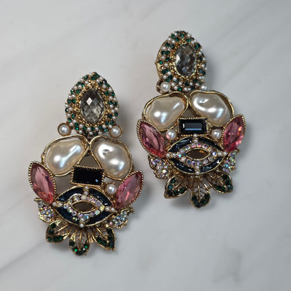 Elara Mixed Stone Statement Earrings (Black, Pink, Green)