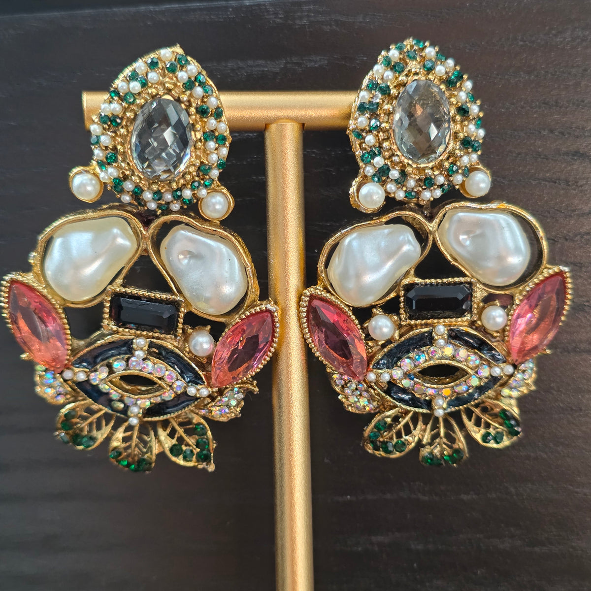 Elara Mixed Stone Statement Earrings (Black, Pink, Green)
