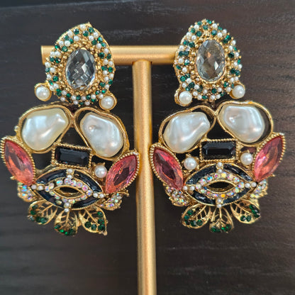 Elara Mixed Stone Statement Earrings (Black, Pink, Green)