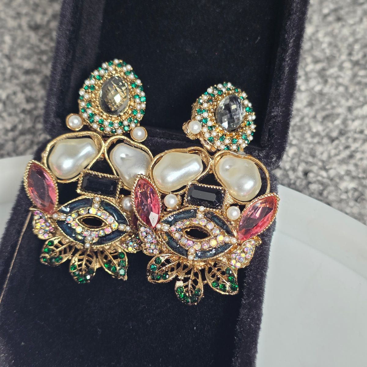 Elara Mixed Stone Statement Earrings (Black, Pink, Green)