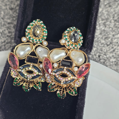 Elara Mixed Stone Statement Earrings (Black, Pink, Green)