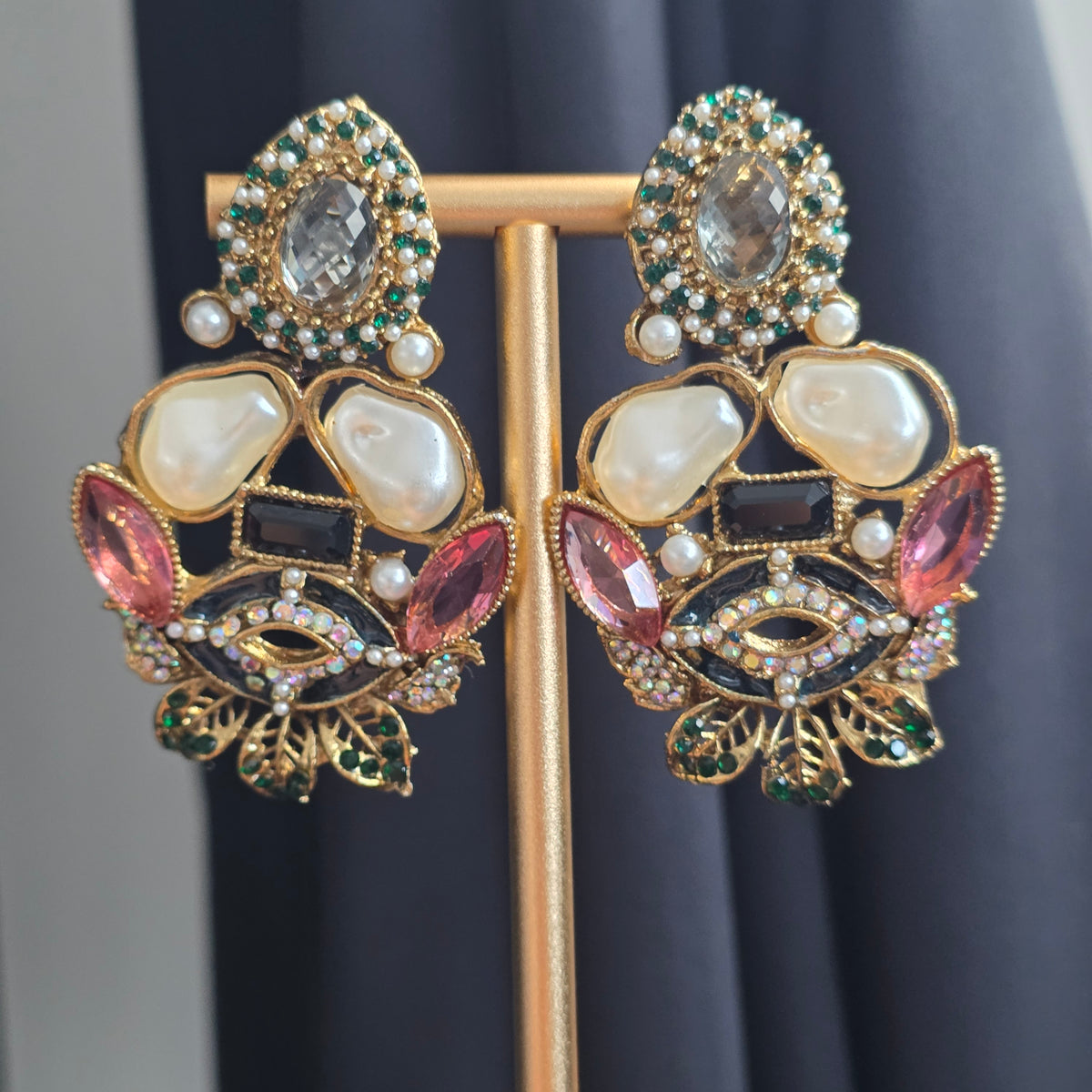 Elara Mixed Stone Statement Earrings (Black, Pink, Green)