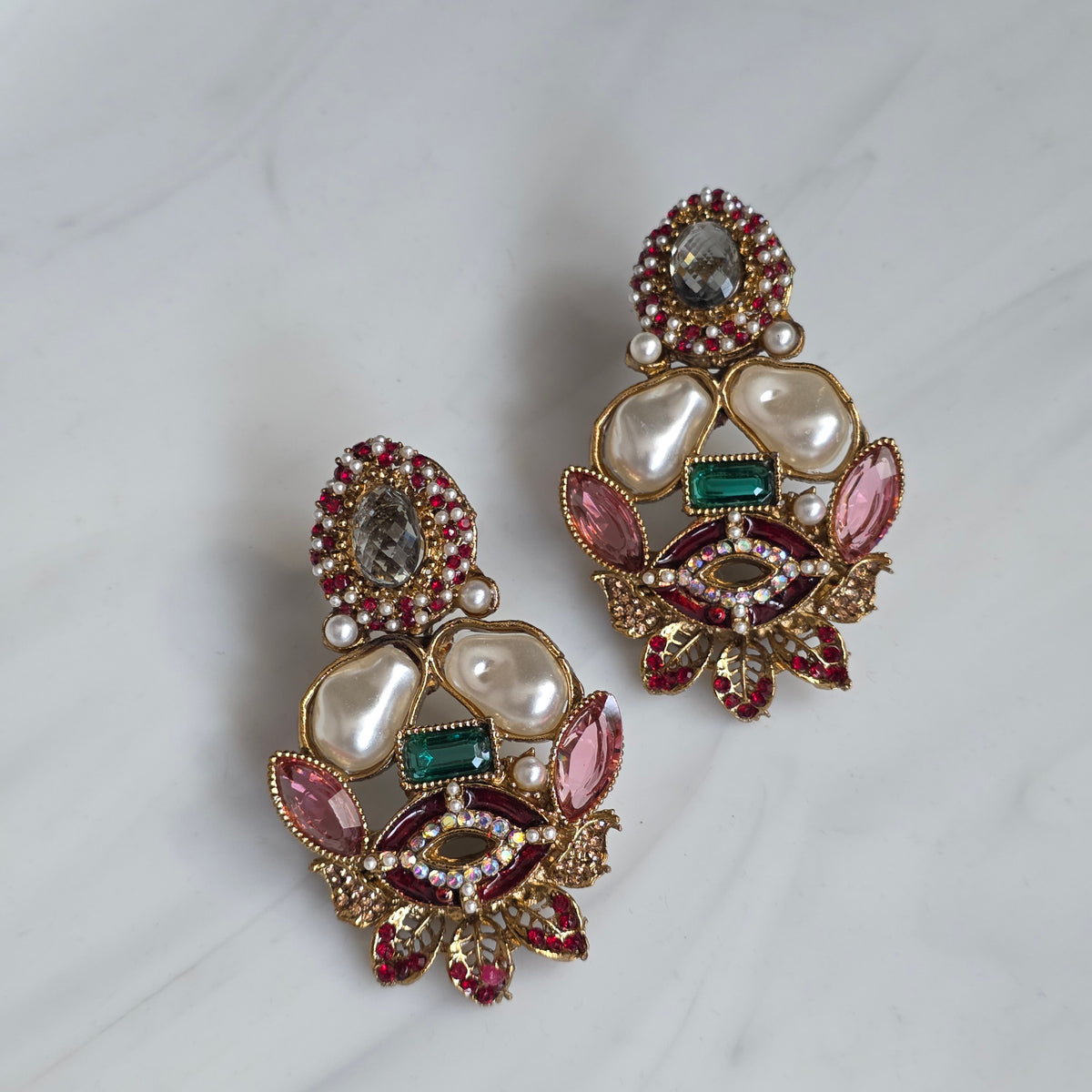 Elara Mixed Stone Statement Earrings (Black, Pink, Green)