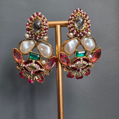 Elara Mixed Stone Statement Earrings (Black, Pink, Green)