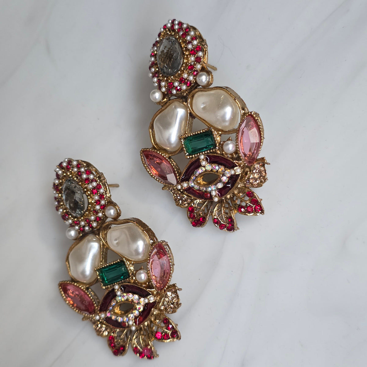 Elara Mixed Stone Statement Earrings (Green, Pink, Maroon)
