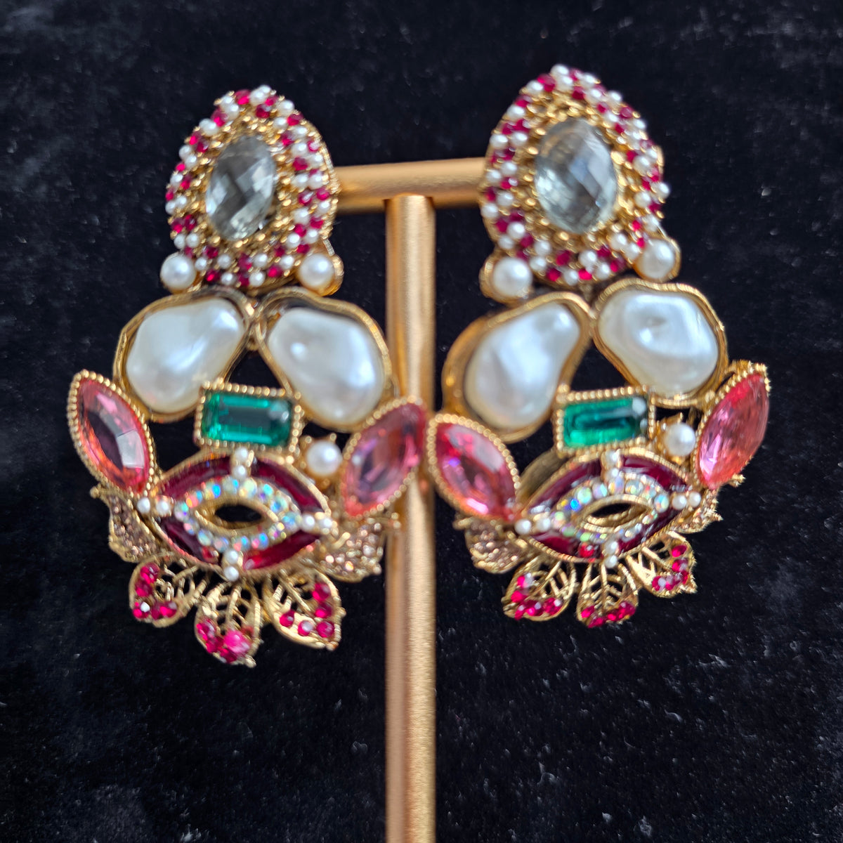 Elara Mixed Stone Statement Earrings (Green, Pink, Maroon)