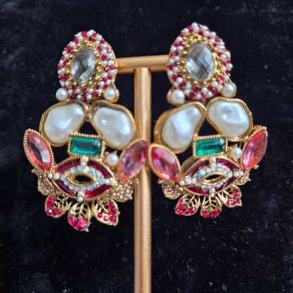 Elara Mixed Stone Statement Earrings (Black, Pink, Green)