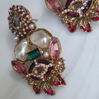Elara Mixed Stone Statement Earrings (Green, Pink, Maroon)