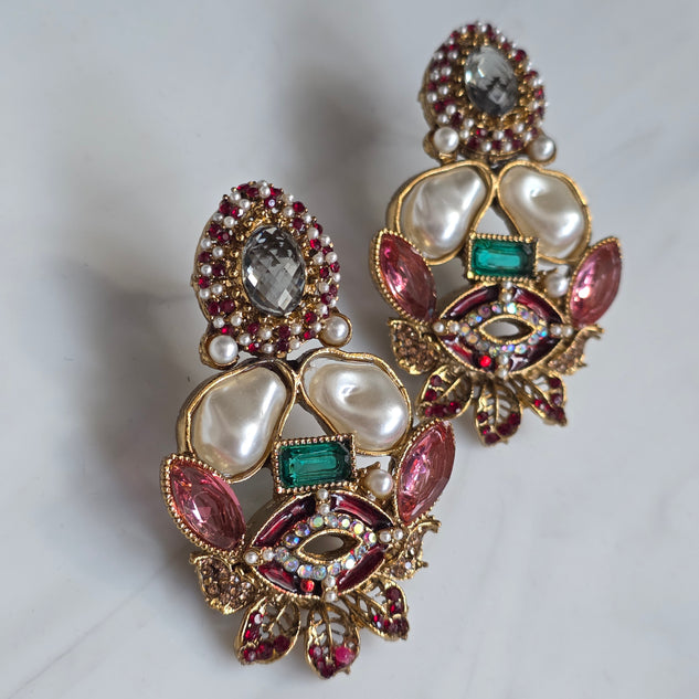 Elara Mixed Stone Statement Earrings (Green, Pink, Maroon)