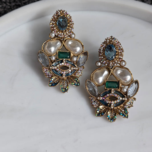 Elara Mixed Stone Statement Earrings (Light Blue, Green, White) image 3
