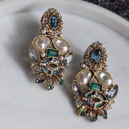 Elara Mixed Stone Statement Earrings (Light Blue, Green, White)