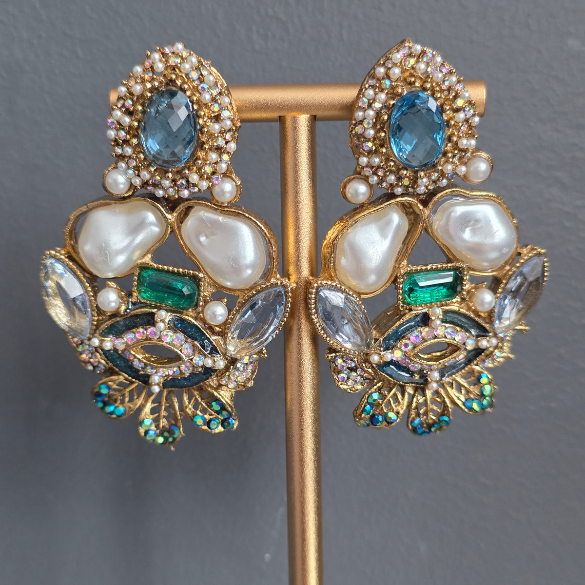 Elara Mixed Stone Statement Earrings (Light Blue, Green, White)