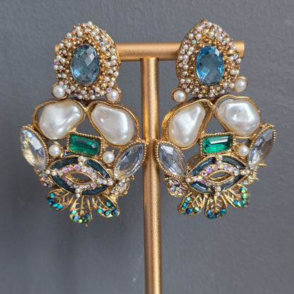 Elara Mixed Stone Statement Earrings (Light Blue, Green, White)