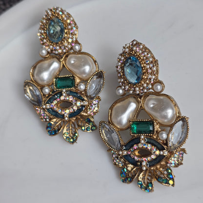 Elara Mixed Stone Statement Earrings (Light Blue, Green, White)