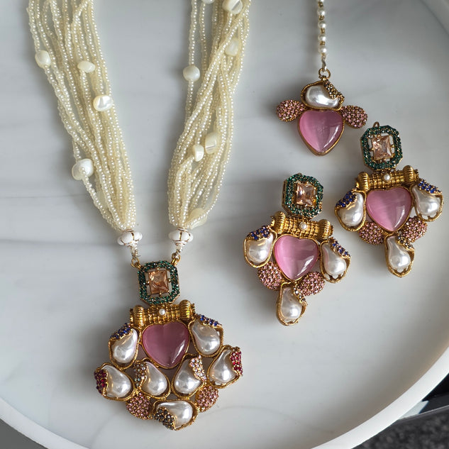 Elara Pink Heart & Multi Stone Mala Set