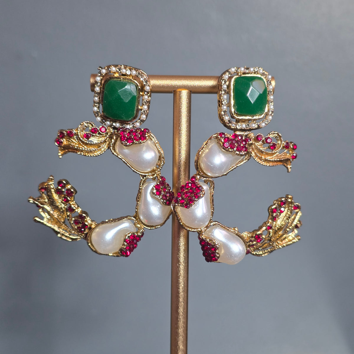 Elara Red & Emerald Green C-Hoop Statement Earrings