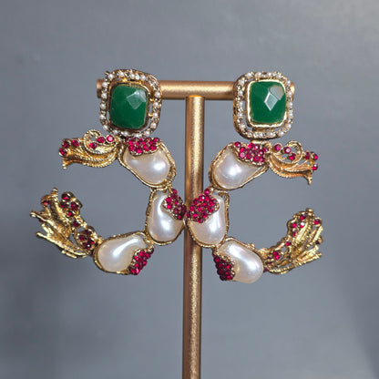 Elara Red & Emerald Green C-Hoop Statement Earrings