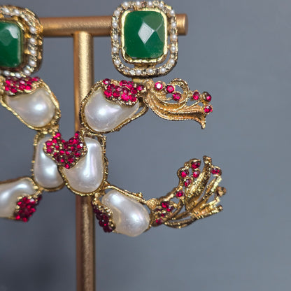 Elara Red & Emerald Green C-Hoop Statement Earrings