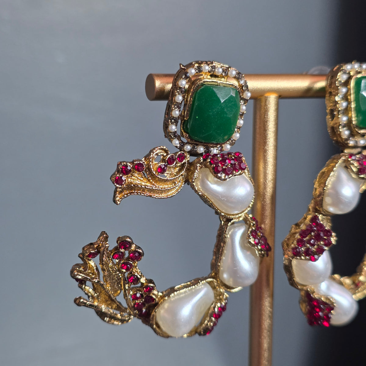 Elara Red & Emerald Green C-Hoop Statement Earrings