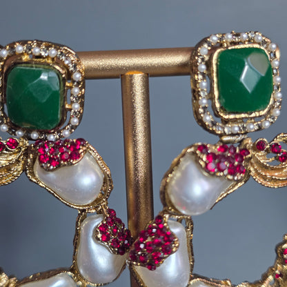 Elara Red & Emerald Green C-Hoop Statement Earrings