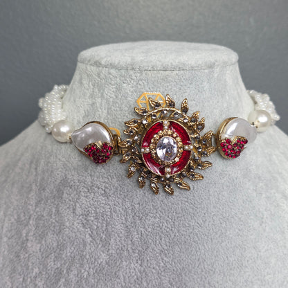 Elara Red Pearl Choker Set